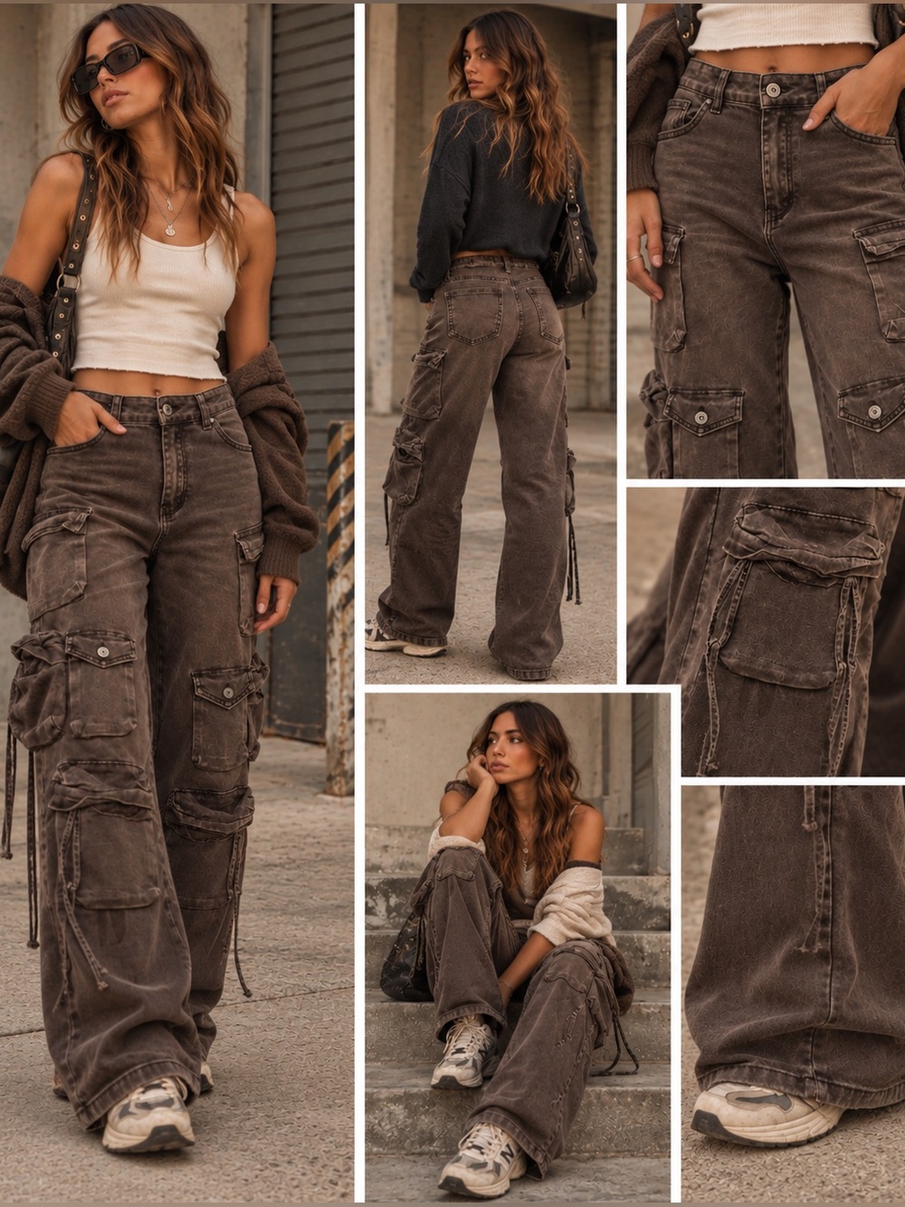 VIP Y2K Brown Cargo Utilitarian Fairy Grunge Skater Wide-Leg Casual Jeans Sz 29